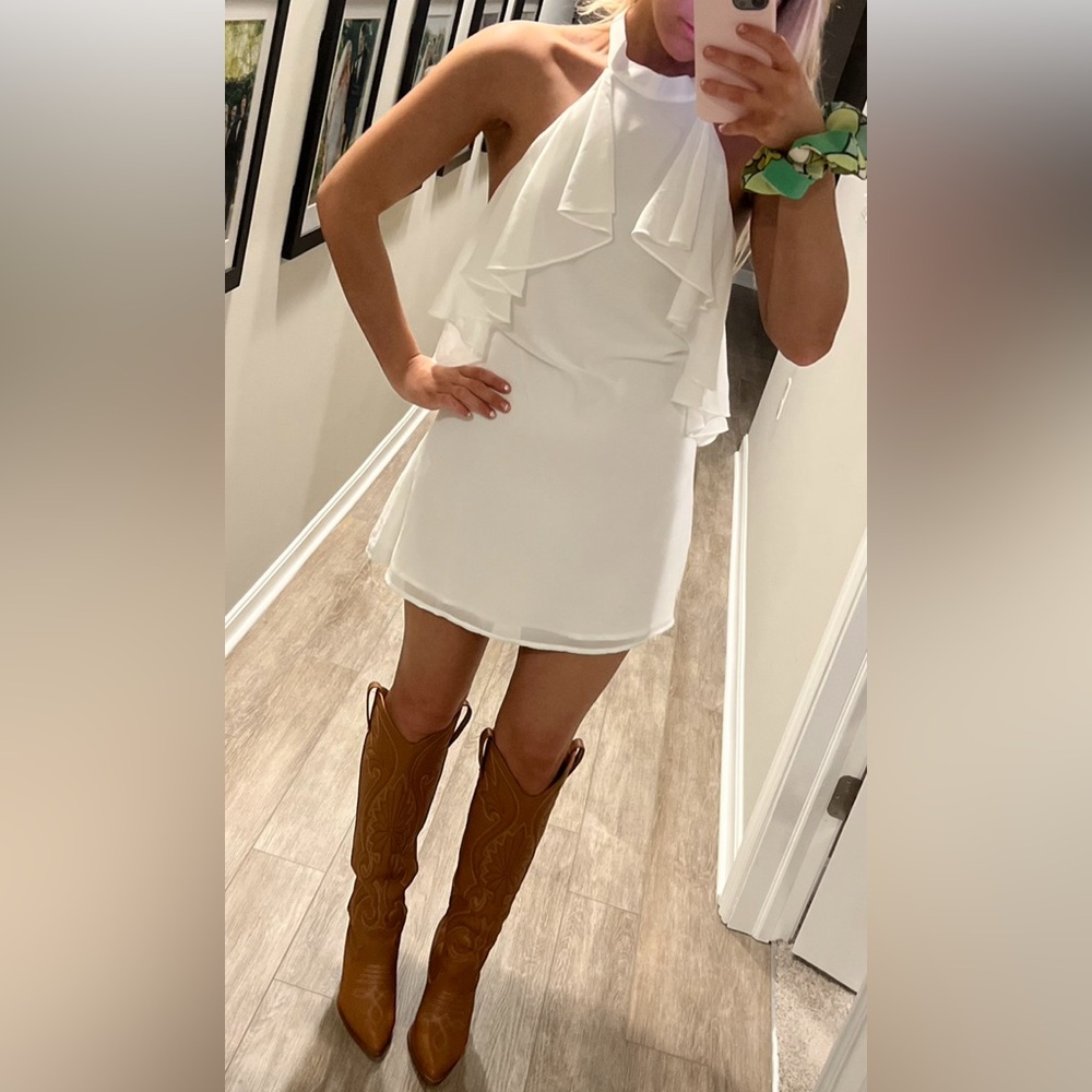 Open Back White Ruffle Mini Dress - Picture 5 of 6